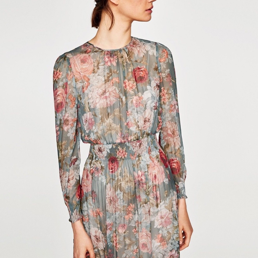 NWT Zara Green and Pink Floral Midi Dress - Picture 3 of 8